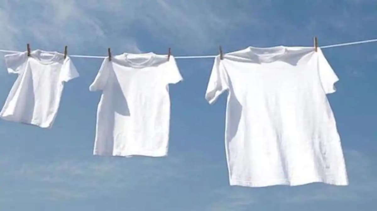 White outfits displayed on hangers in a stylish boutique setting.