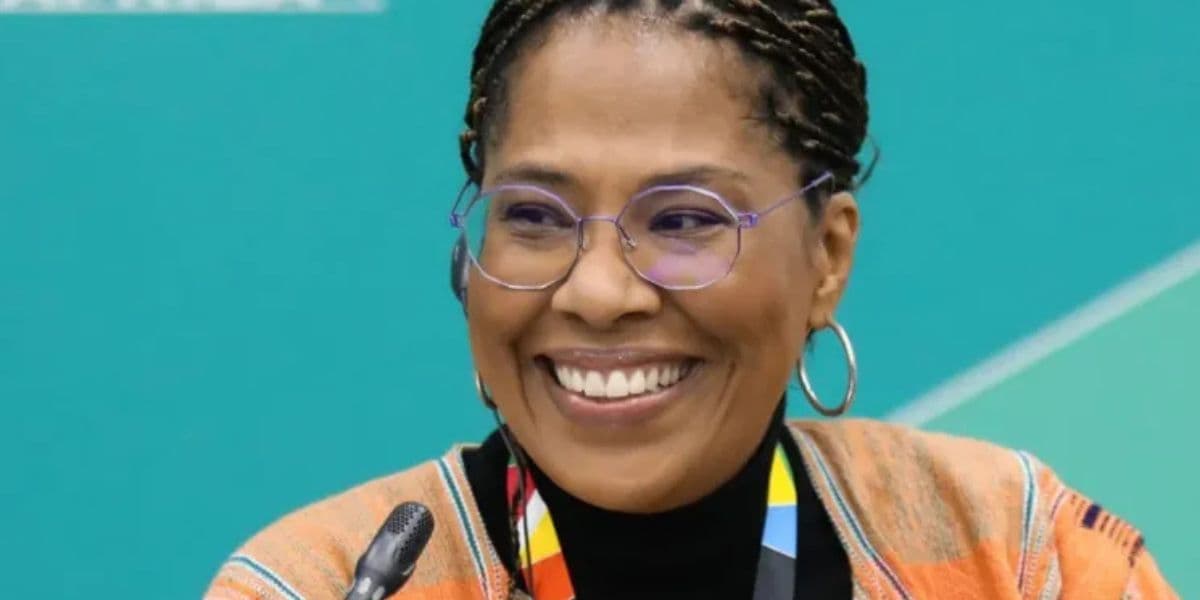 Nathalie Yamb, Swiss-Cameroonian activist, speaking at an event.