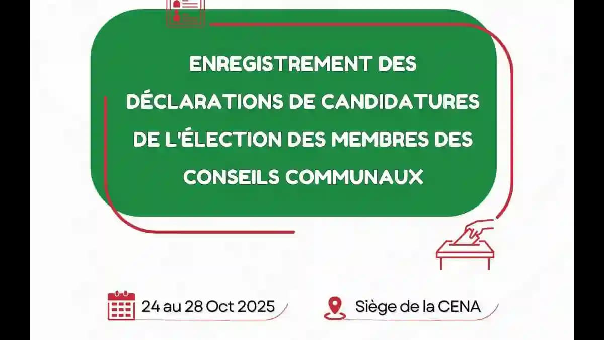 Bénin 2026 municipal elections promotional graphic with candidate registration details.