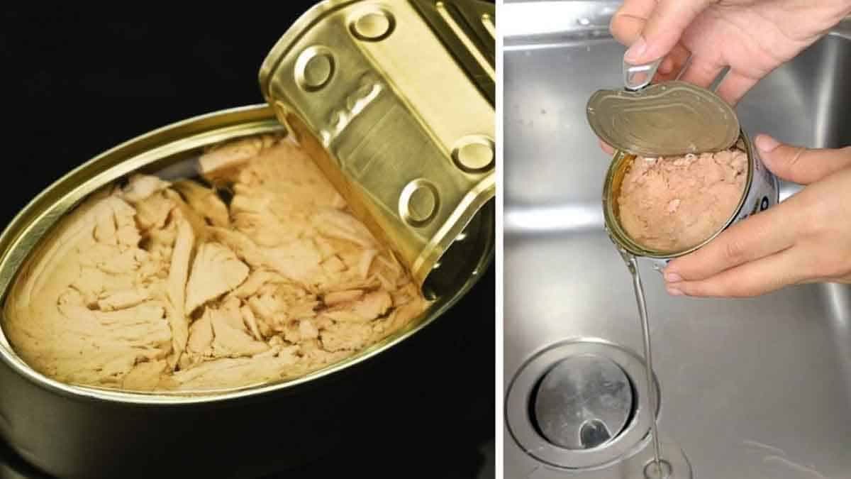 une boite de conserve ouverte et une autre boite de conserve, dont l'huile est entrain d'être déversé dans l'évier