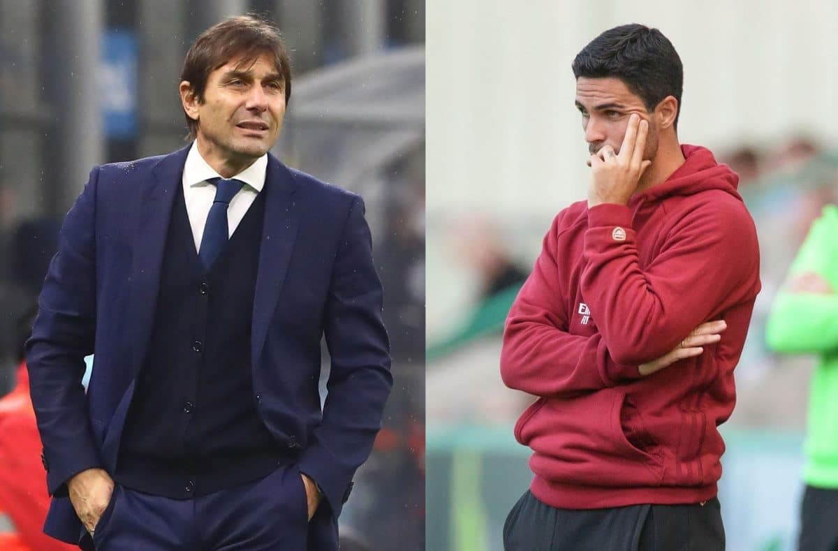 Antonio Conte, entraineur de Tottenham Ã  gauche et Mikel Arteta, entraineur d'Arsenal Ã  droite