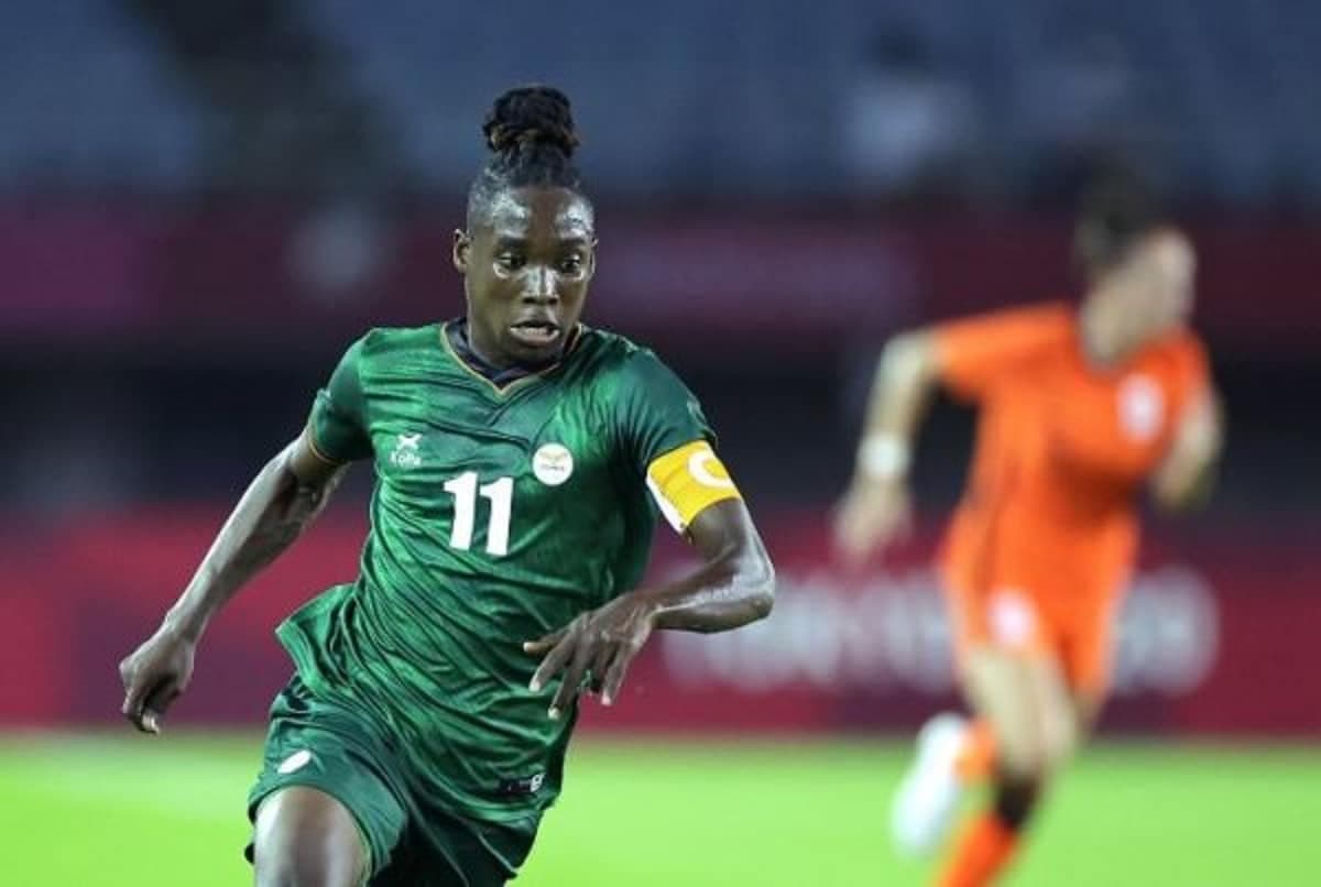 La joueuse zambienne Barbara Banda lors des éliminatoires de la CAN Féminine 2022