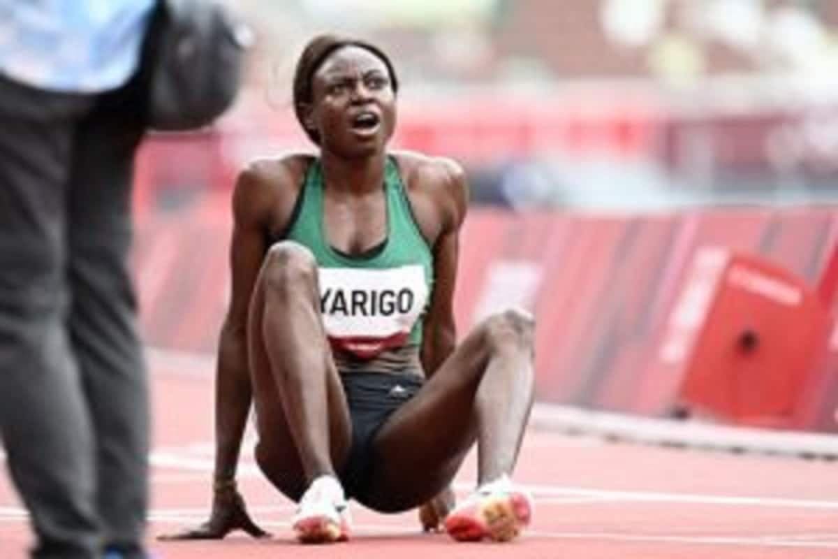 La Béninoise Noélie Yarigo réagit après avoir disputé les épreuves éliminatoires du 800 m femmes lors des Jeux olympiques de Tokyo 2020 au stade olympique de Tokyo le 30 juillet 2021. (Photo par Jewel SAMAD / AFP)