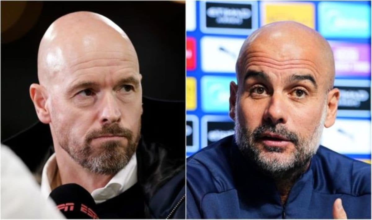 Erik ten Hag et Pep Guardiola lors d'une conférence de presse avant le match Manchester United - Manchester City.