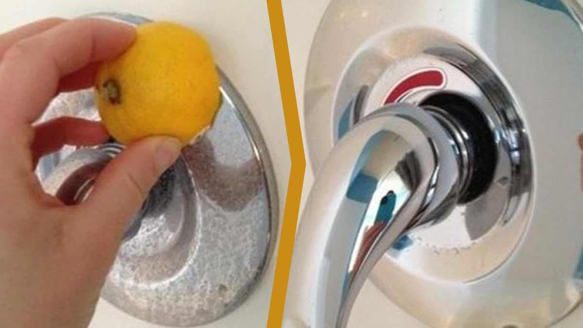 une tranche de citron en train de nettoyer un robinet