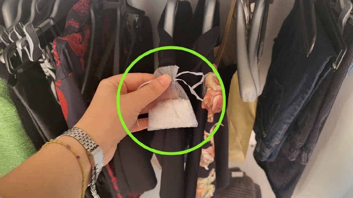 une main tenant du sel dans un placard.