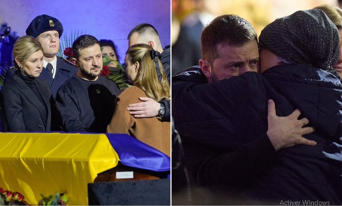 Le président ukrainien, Volodymyr Zelensky, et son épouse, Olena Zelenska, Ã  la cérémonie de funérailles de sept hauts fonctionnaires du ministère de l'intérieur, décédés dans un accident d'hélicoptère le mercredi 18 janvier.