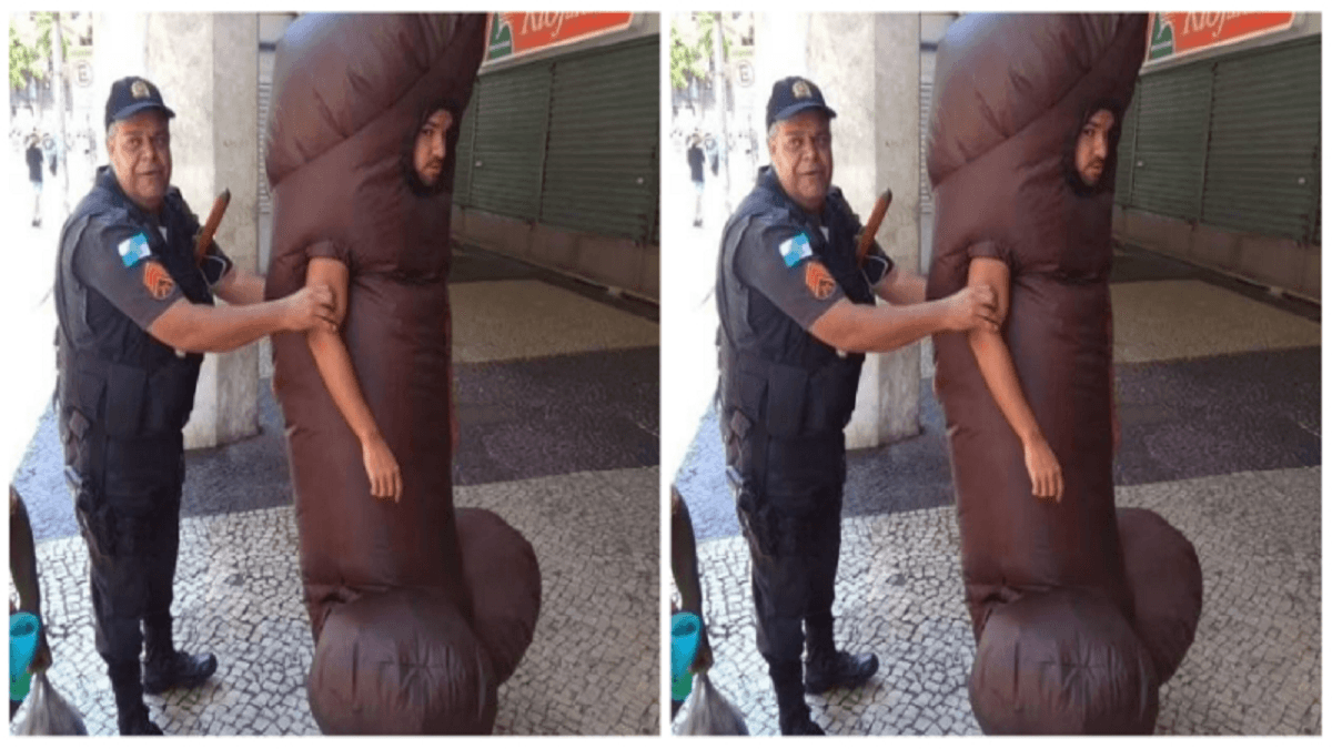 un homme déguisé en penis au Brésil