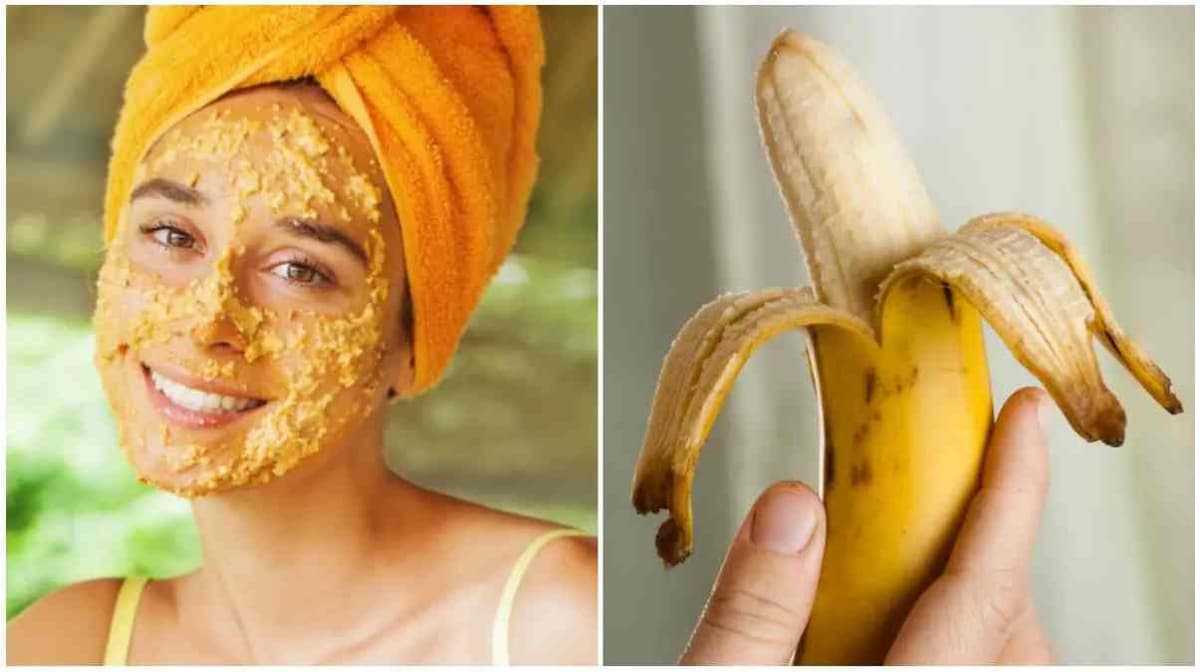 Une dame avec un masque Ã  base de banane sur le visage et une banane Ã  moitié pelée
