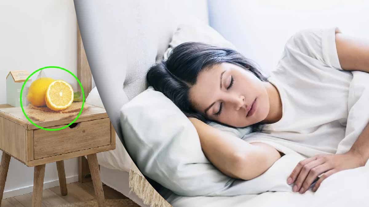 une femme en train de dormir avec des tranches de citron au chevet de son lit