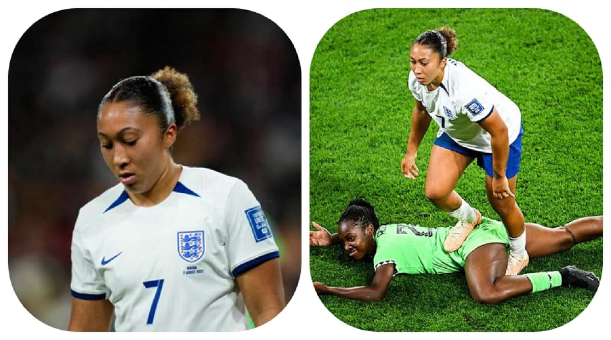 L'attaquante anglaise marche sur la joueuse nigériane Michelle Alozie Ã  la coupe du monde féminine 2023