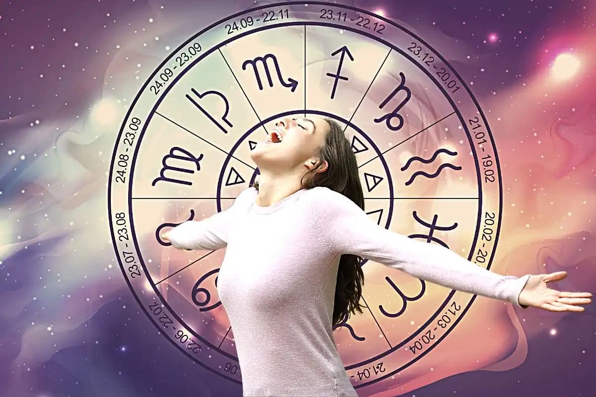 Illustration représentant l'astrologie et le bonheur, avec des symboles zodiacaux.