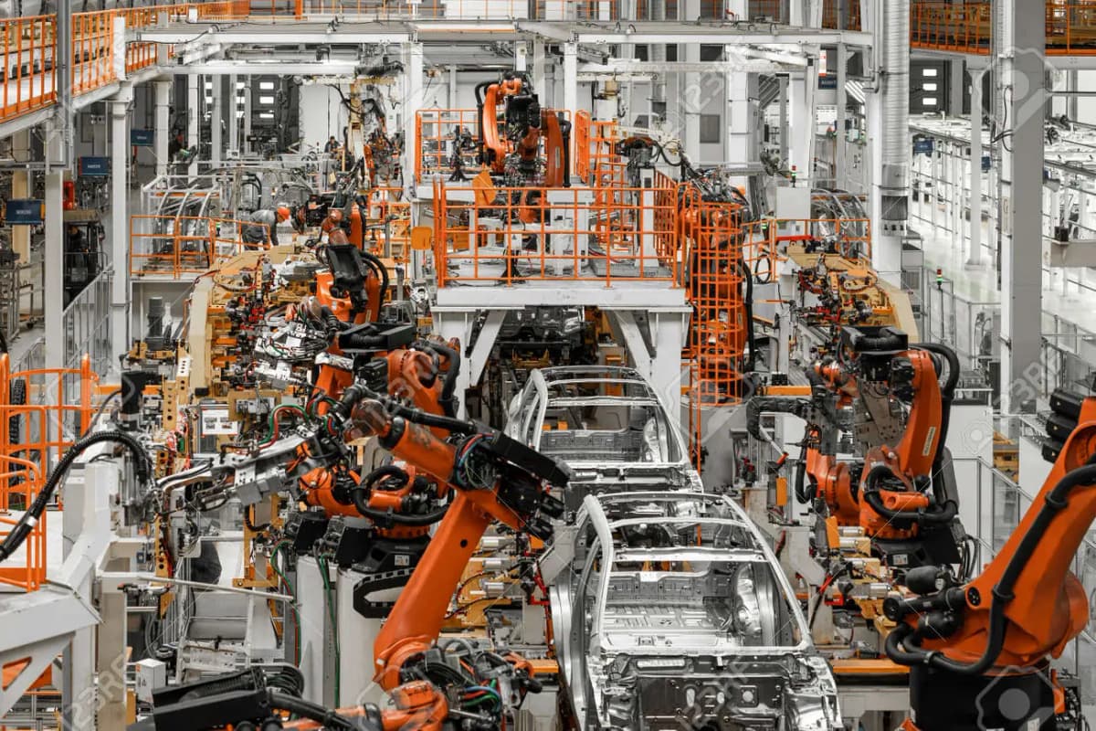 Photo d'une chaÃ®ne de production automobile. Corps de voiture de soudure. Usine d'assemblage de voitures modernes. Industrie automobile. Intérieur d'une usine de haute technologie, production moderne