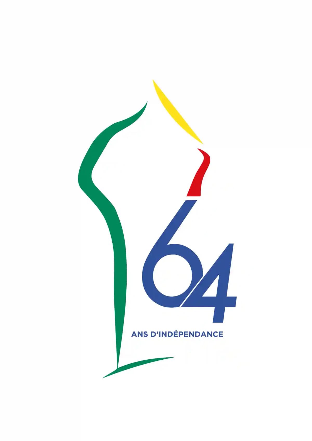 Logo célébrant les 64 ans d'indépendance du Bénin, avec des éléments symboliques nationaux.