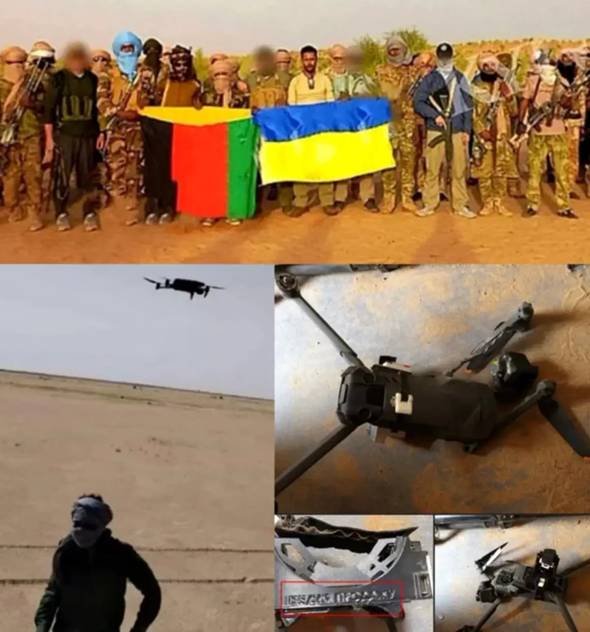 Drone survolant un paysage désertique au nord du Mali, illustrant l'usage militaire.