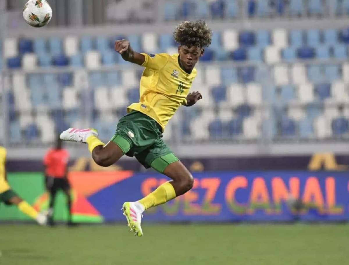 Le joueur Sud-africain Tylon Smith célèbre son but face au Nigeria en demi-finale de la CAN U20 2025