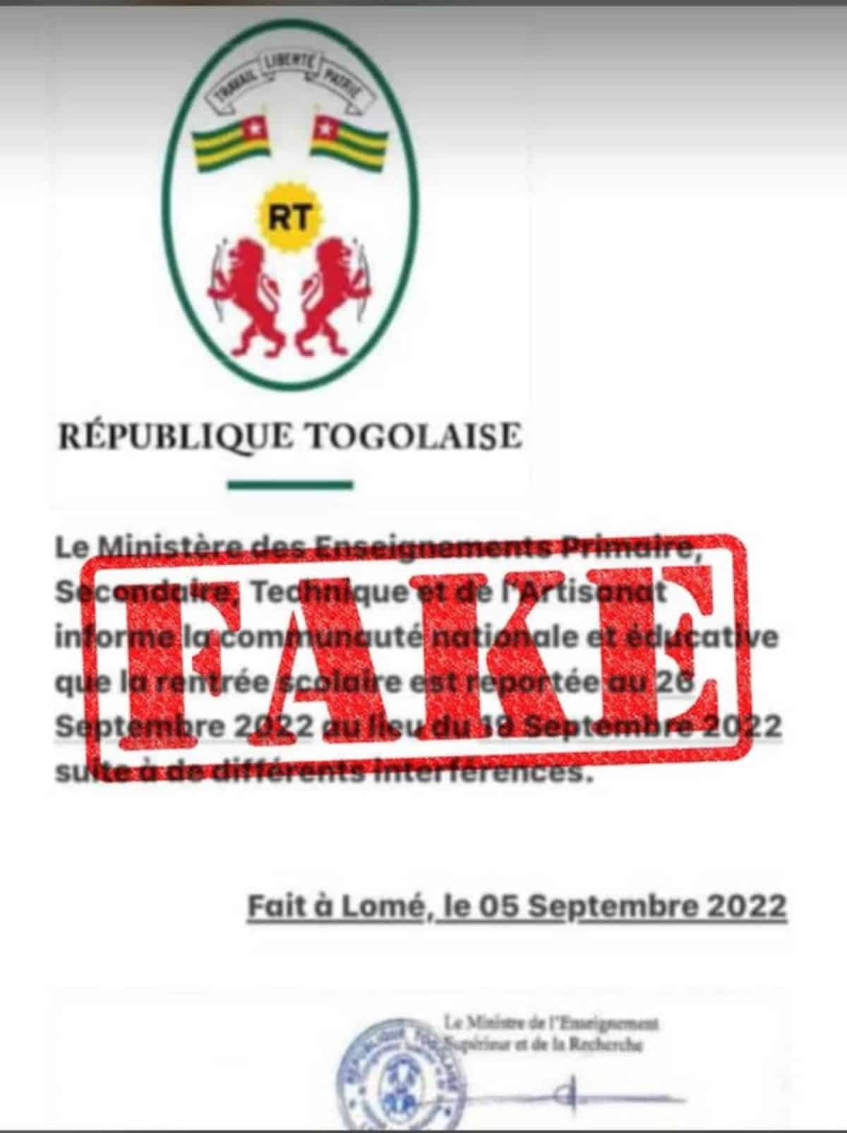 Faux, la date de la rentrée scolaire 2022-2023 n’est pas reportée au Togo