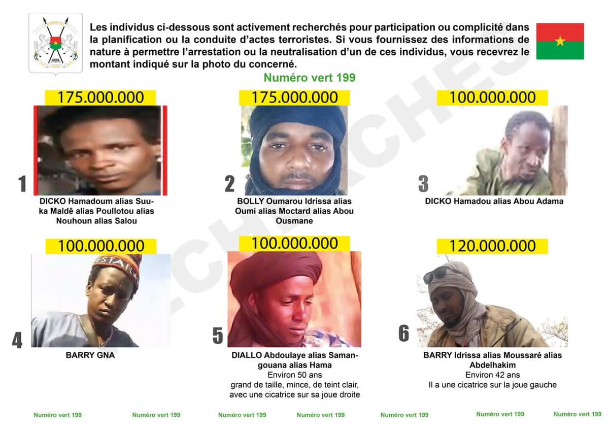 Burkina : les têtes de 20 terroristes mises à  prix jusqu’à  185 millions FCFA
