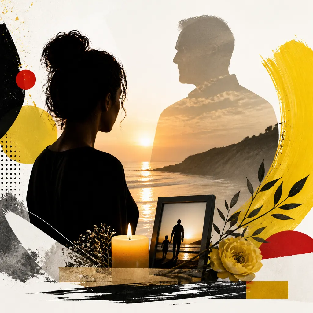 Illustration editoriale pour Joyce Jonathan en deuil après le décès de son père Philippe