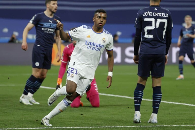 Rodrygo qui cÃ©lÃ¨bre son premier but contre Manchester City lors de la demi-finale retour de la Ligue de Champions, le mercredi 4 mai 2022