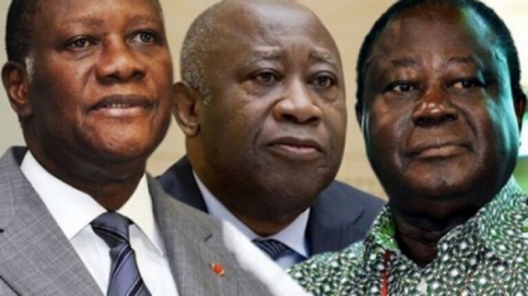 Le chef de lâ€™Ã‰tat ivoirien Alassane Ouattara et ses prÃ©dÃ©cesseurs Laurent Gbagbo et Henri Konan BÃ©diÃ©.