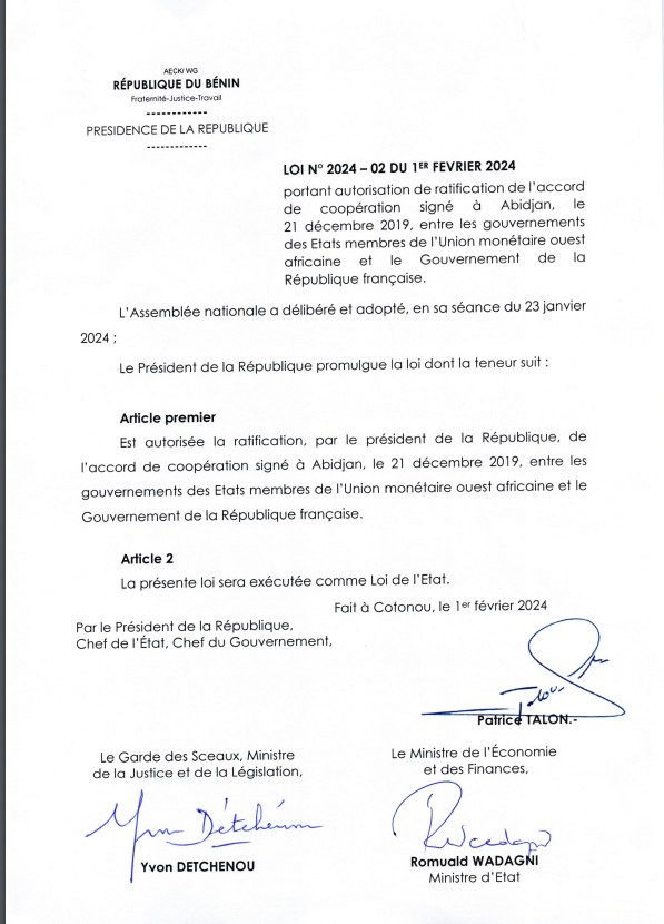  loi de la République du Bénin, promulguée le 1er février 2024, intitulée "LOI NÂ° 2024 â€“ 02 DU 1ER FÉVRIER 2024"