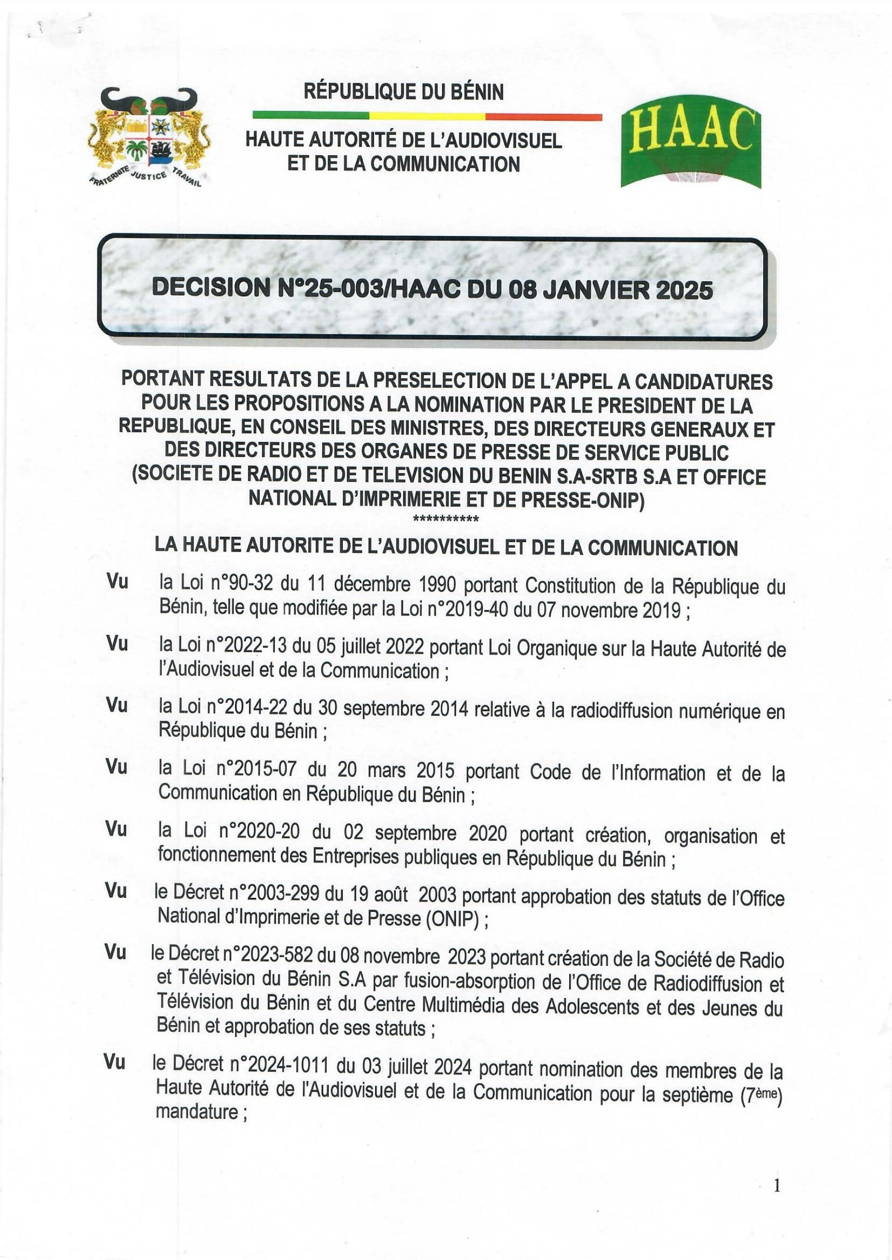 Bénin : la HAAC publie la liste des présélectionnés pour les postes de directeurs des médias publics