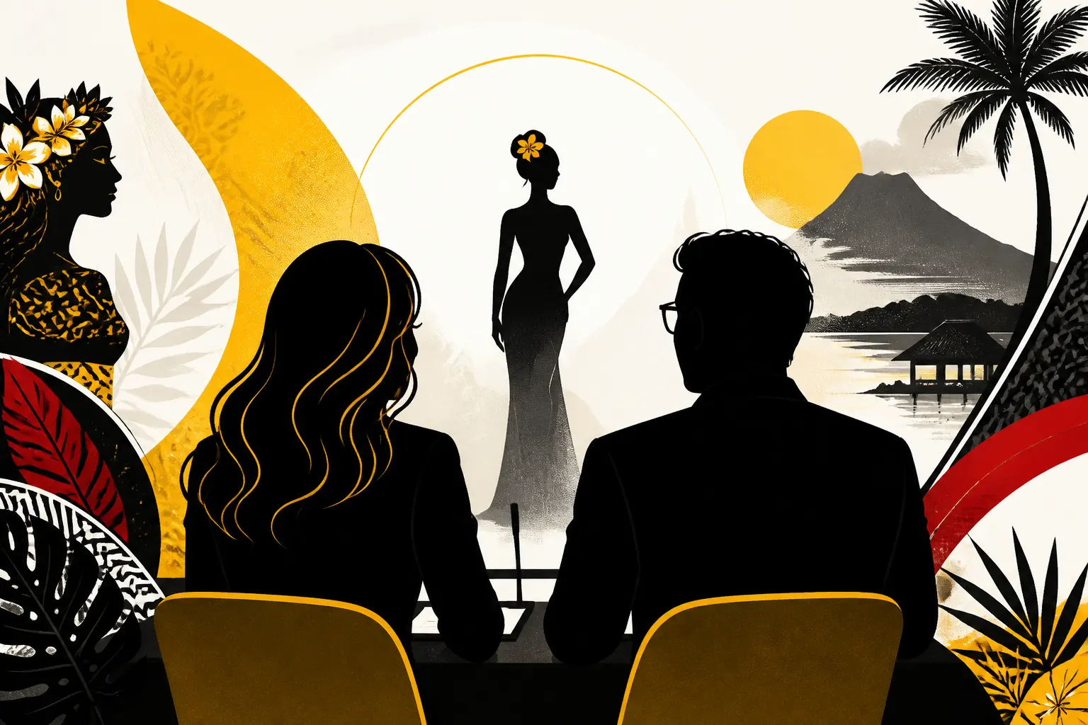 Illustration editoriale pour Adriana Karembeu et Marc Lavoine rejoignent le jury de Miss Tahiti pour leur premier projet commun