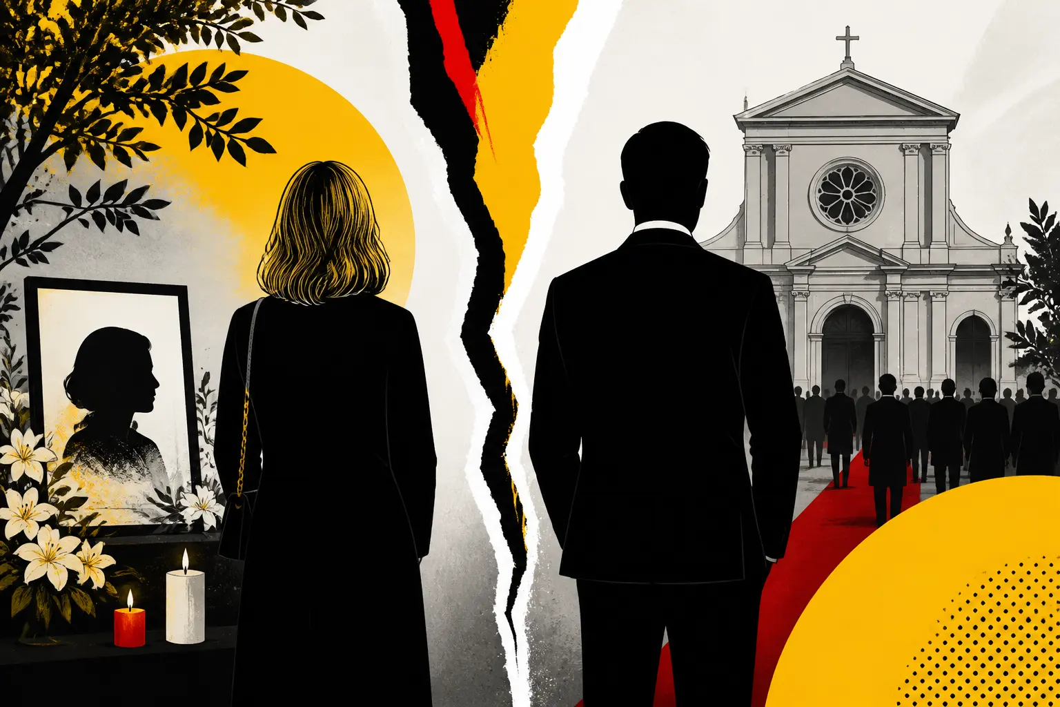 Illustration editoriale pour Michèle Laroque et François Baroin réunis aux obsèques de Bernadette Chirac trois ans après leur rupture