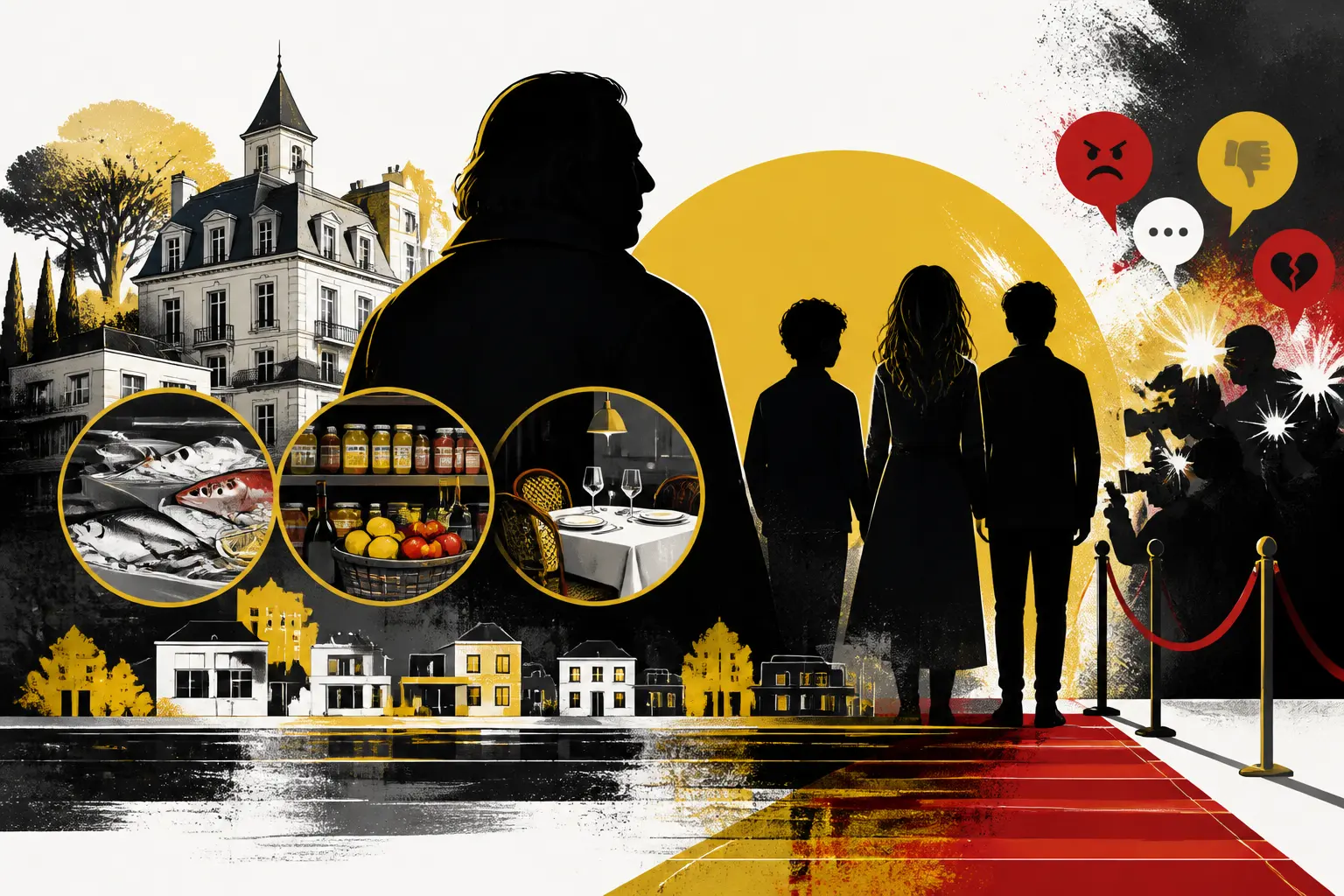Illustration editoriale pour Gérard Depardieu : poissonnerie, épicerie, restaurant dans son énorme patrimoine immobilier