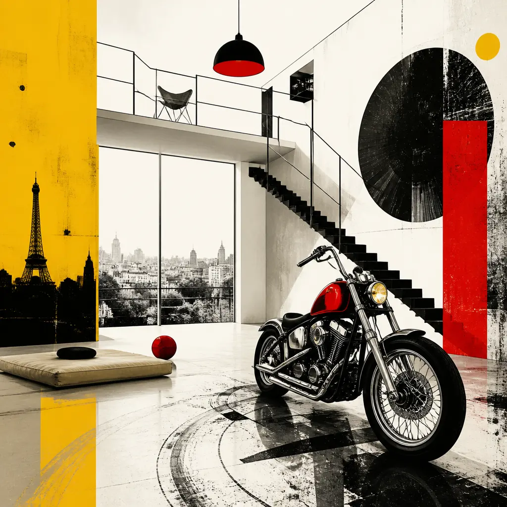 Illustration editoriale pour Michel Polnareff : le duplex presque vide de Neuilly où il faisait de la moto