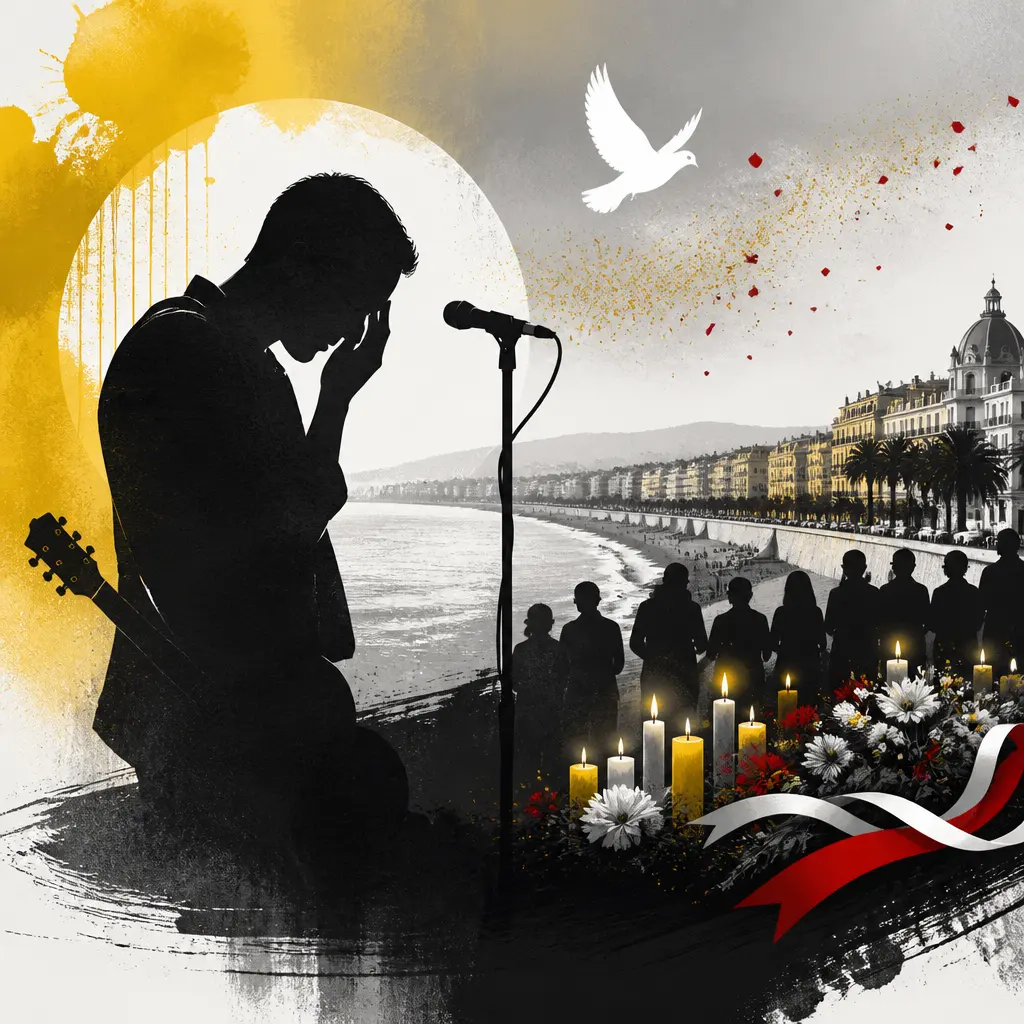 Illustration editoriale pour Calogero en pleurs lors de son hommage aux victimes de l&rsquo;attentat de Nice