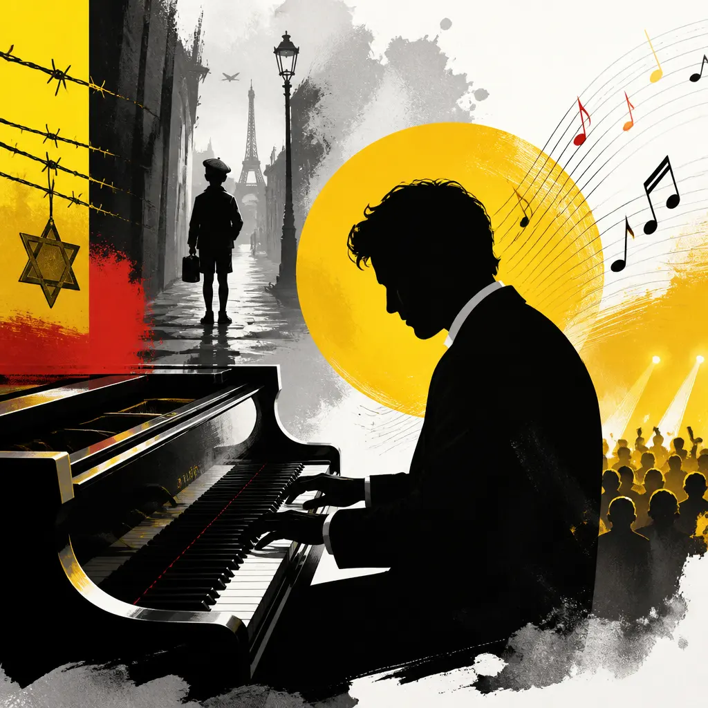 Illustration editoriale pour Sacha Distel : enfant caché pendant la guerre, le piano et la chanson l&rsquo;ont sauvé