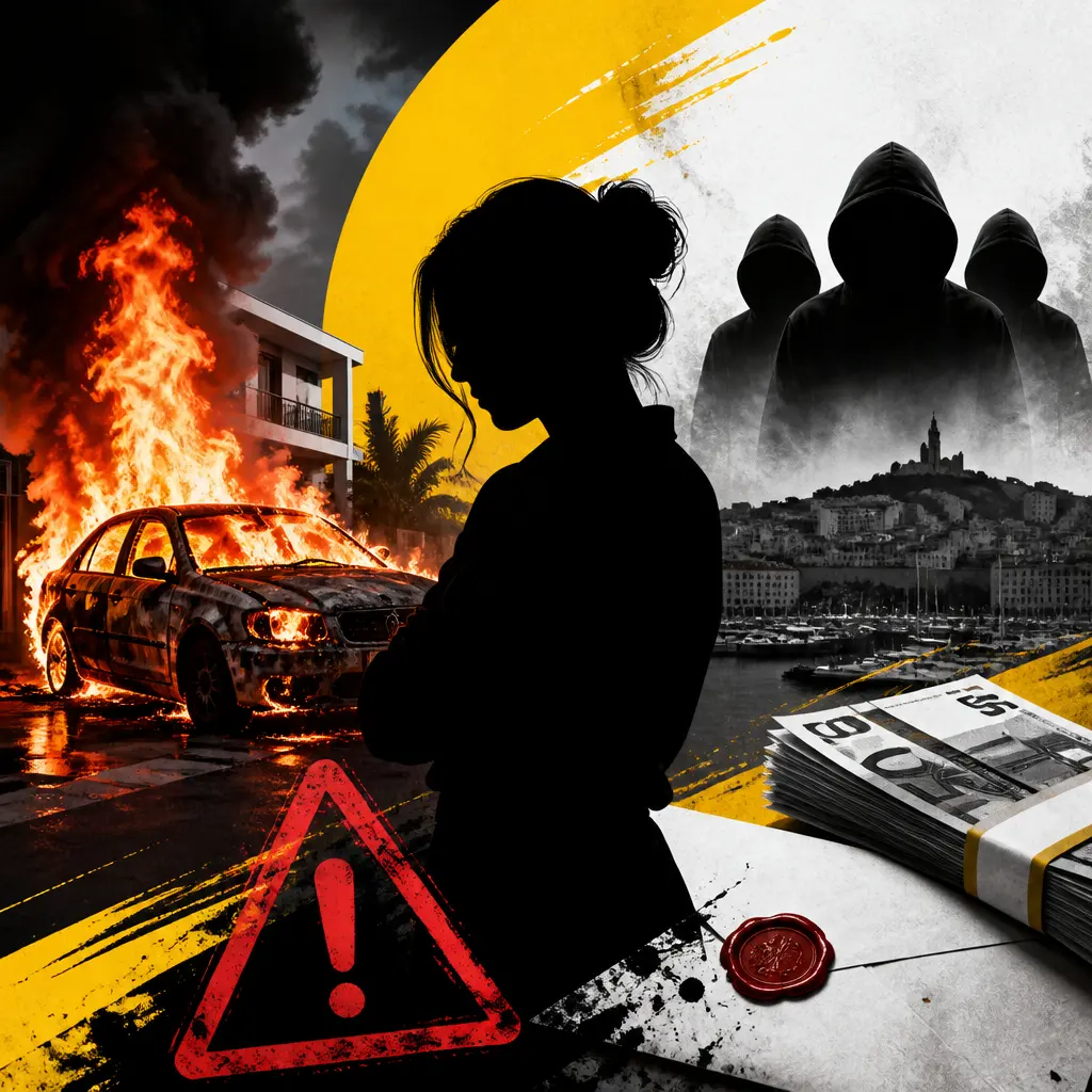Illustration editoriale pour Carla Moreau menacée par la DZ Mafia avec une demande de 60 000 euros après l’incendie de sa voiture