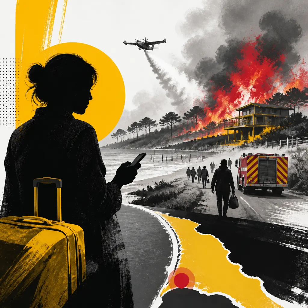 Illustration editoriale pour Françoise Laborde évacuée de sa maison du Cap Ferret face aux incendies