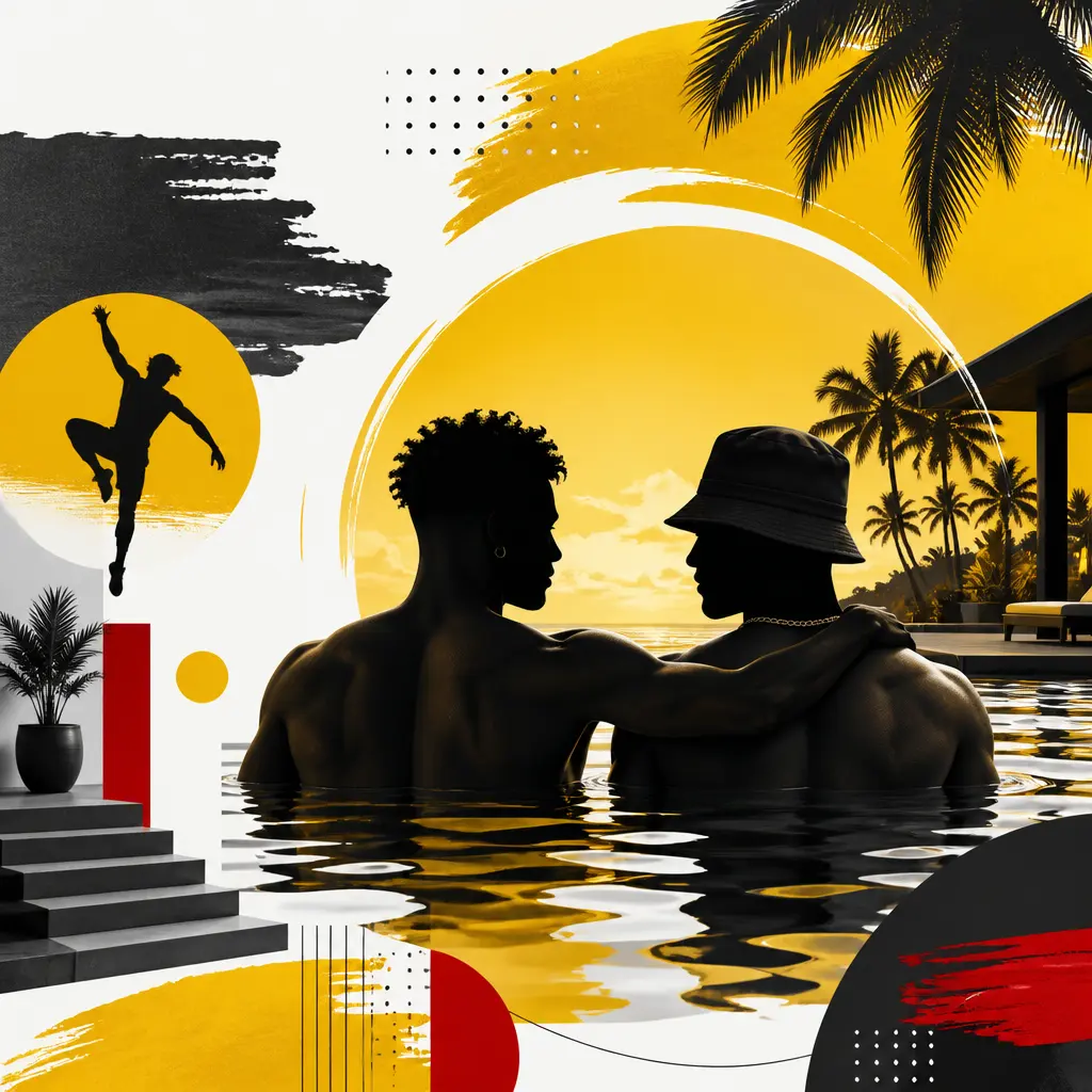 Illustration editoriale pour Jonathan Jenvrin plus musclé que jamais s’affiche en charmante compagnie dans une piscine