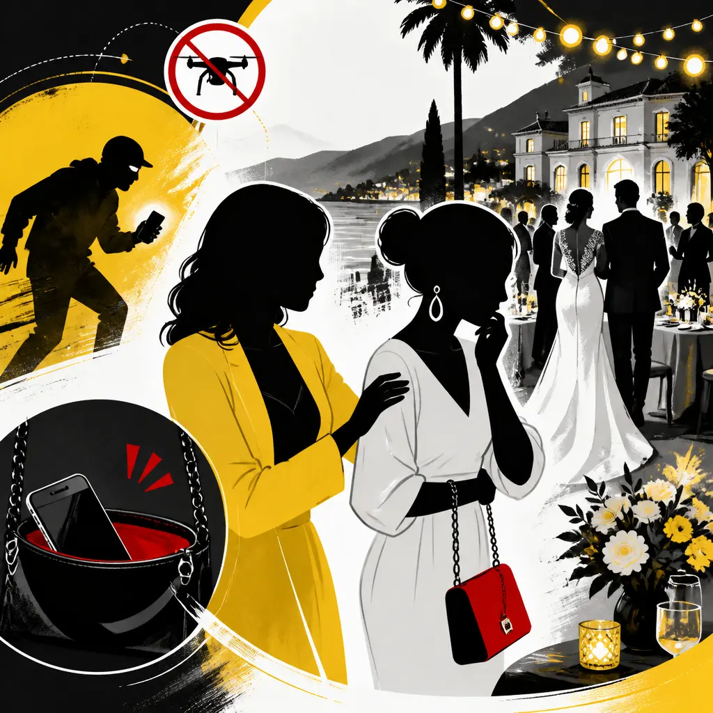 Illustration editoriale pour Vol de portable au mariage de Thylane Blondeau, Karine Le Marchand intervient pour Sandra Sisley
